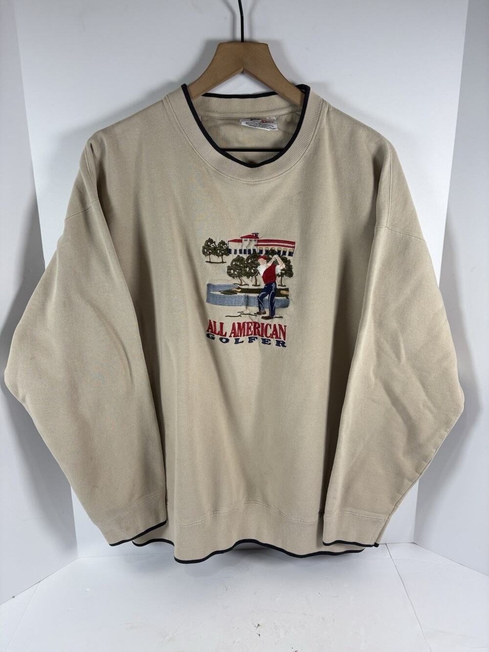 Vintage 90s MC Sport All American Golfer Sweatshirt XL Cream Embroidered Golf